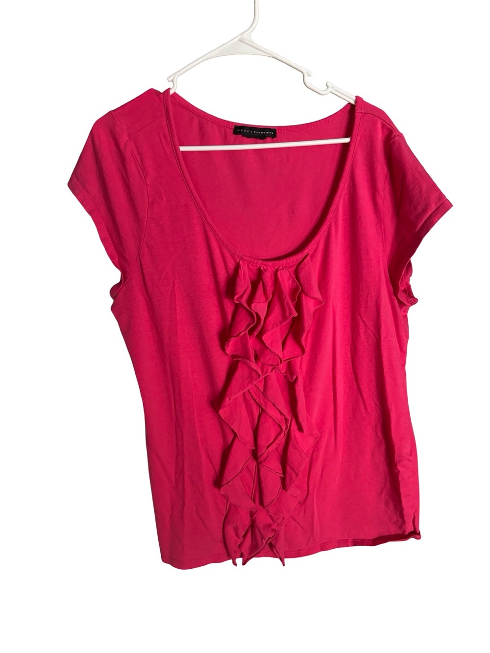 Grace Elements Magenta Barbiecore Scoop Neck Ruffle Front Short Sleeve Top